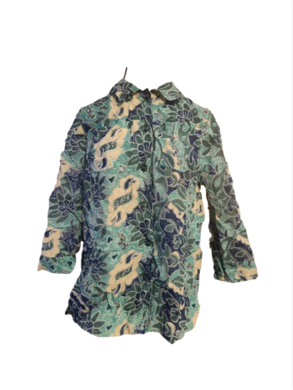 Bon Worth Button Down Shirt Teal Blue Floral with 3/4 sleeves Size Small